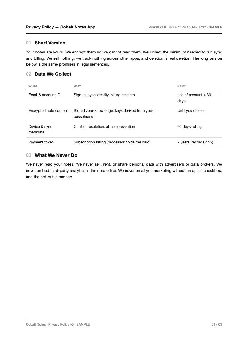 Tech minimalist privacy policy